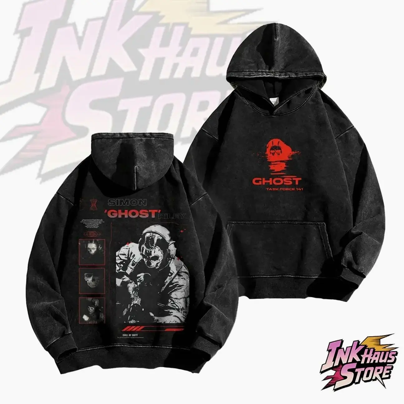 GHOST acid wash hoodie, Simon "Ghost" Riley -Long Sleeve Unisex Vintage Fashion Retro Style COD,Gym fit Street wear  Pullover Cotton Fabric Alpha Male Sigma YRQ