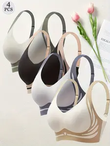 JOINBUY Women's 4-Pcs Mix Colors Chic Push-Up Bra Set, Soft Comfortable Adjustable Anti-Sagging Seamless Lift-Up Bras with Non-Removable Pads, Elegant Style Hand Wash Only Underwear