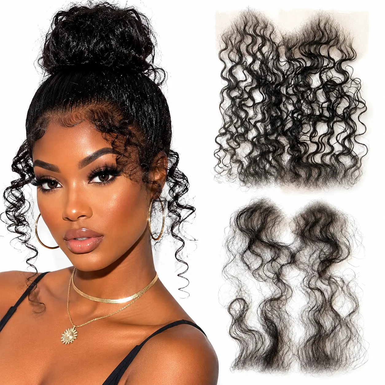 Female 4Pcs 100% Human Hair Baby Hair Strips - HD Swiss Lace Curly, Glueless Body Wave Edges, No Glue Fringe for Ponytail Extensions, Headband Wigs Compatible
