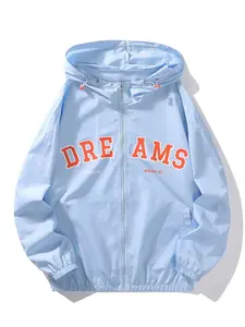Men's Letter Print Zip Up Hooded Jacket, Regular Fit Casual Dreams Print Windproof Waterproof Long Sleeve Jacket for Summer, Fashion Men's Outerwear for Daily Wear, Coats