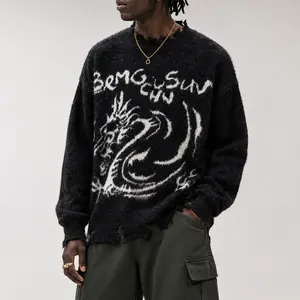 Men's Autumn Winter Round Neck Dragon Print Casual Loose Long Sleeve Drop Shoulder Pullover, Guys Gifts Tops Pairing with Jeans, College-Style Casual Daily Wear Menswear