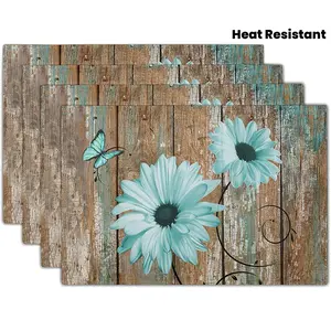 1/4/6pcs Rustic Daisy Placemats - Teal Sunflowers on Vintage Wood Board Table Mats - Farmhouse Style Non-Slip Heat Resistant Mats for Dining Room, Kitchen, Cabin, Or Lodge Decor