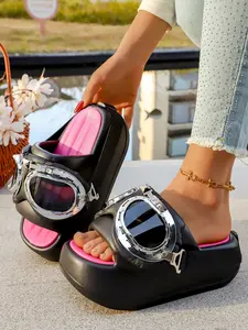 Summer New Pilot Goggles Thick Sole Rubber Slippers for Women, Colorblock Casual Sandals, Trendy Versatile Commute Outdoor Lazy Slippers
