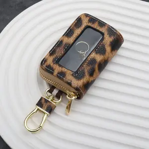 Leopard Print Leather Universal Car Key Case, Multi-Function Window Opening Car Lock Key Bag, Zipper Protection Cover, Car Key Holder