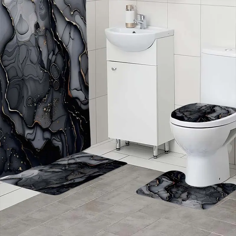 4pc black marble wave pattern bathroom set,The 4-piece set includes a single shower curtain, anti slip floor mat, toilet U-shaped mat, toilet lid mat, with shower curtain hook, and belongs to bathroom decoration products