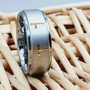 Christian Cross Wedding Ring - Tungsten Carbide Comfort Fit - 8mm Silver Ring for Men and Women