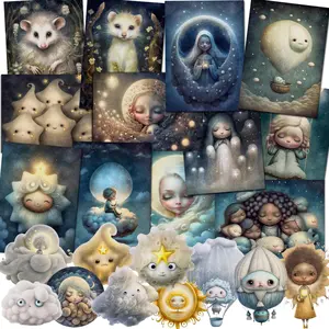 Fantasy Theme Cardboard & Sticker Set, 52pcs/set Including 12pcs Cards & 40pcs Stickers, Scrapbooking Cardboard, Blessing Postcard for Holiday Gift, Scrapbook Materials