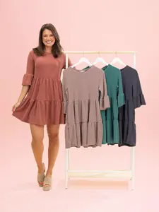 Raised Rib Tiered 3/4 Ruffle Sleeve Dress by DD Design | S-3XL