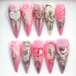 AngieNails - Chrome Pink Badass Press On Nails | 3D Aurora Long Stiletto | Goth Reusable | Trendy Y2K Handpainted Nails - AN32