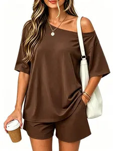 2026 New Brown Off Shoulder Matching Set Oversized T-Shirt and Shorts Summer Casual Lounge Wear