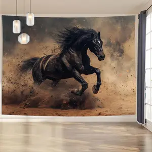 Reusable Polyester 2D Flat Horse Galloping Theme Backdrop Banner, 1PC Black Horse on Dusty Background, Home & Party Decor for Birthday Event Shooting Supplies