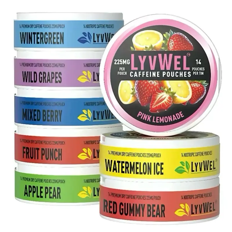 8 Pack Caffeine Pouches 225mg  - Pink Lemonade, Strawberry, Wild Grapes, Wintergreen, Watermelon, Apple Pear, Mixed Berry and Fruit Punch Beverage Energy Fruity Drink Sugar-Free Sport Fruit Caffeine Energy Drink Mood Sports Drink Tropical Punch Ultra mixe