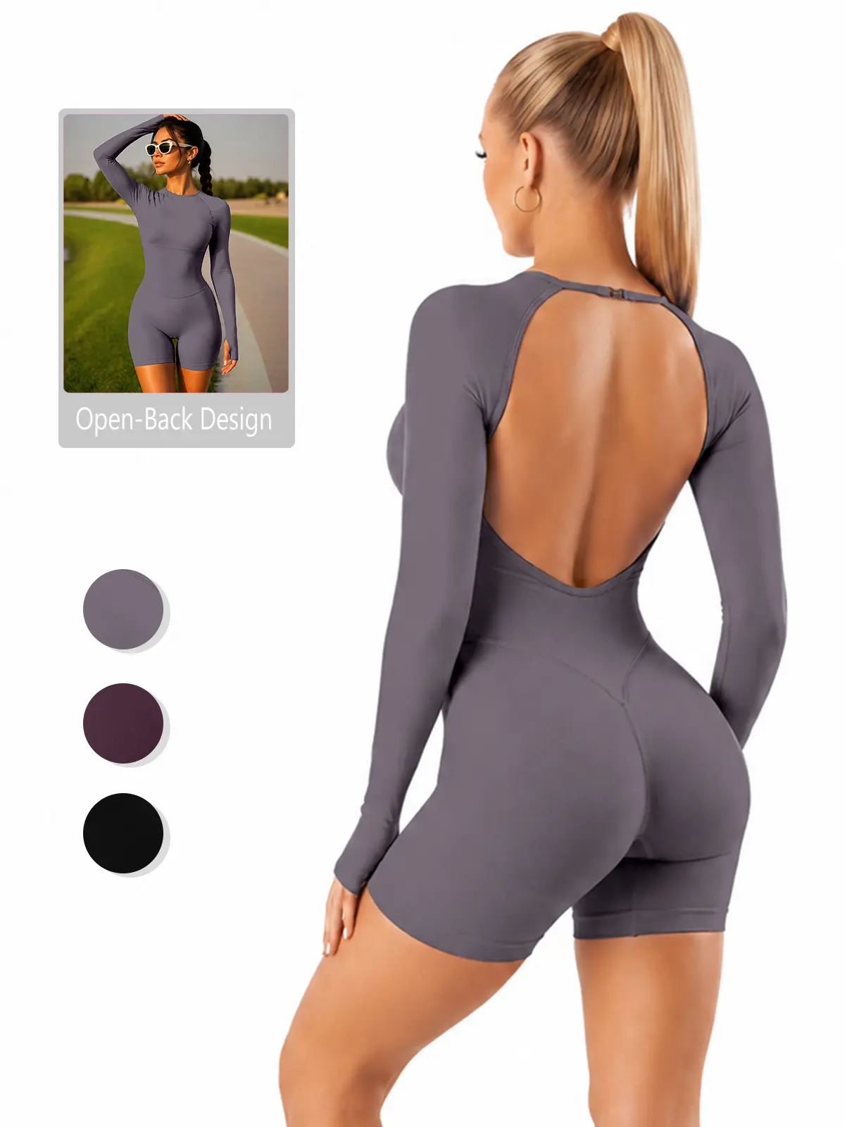 RIOJOY Long Sleeve Open Back Yoga Jumpsuit for Women, Thumb Hole Workout Short Romper, Butt Lifting Tummy Compression Fitness Bodysuit for Gym Pilates