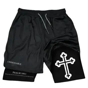 PSALM 144:1 Cross 2-in-1 Athletic Shorts Black Unisex Sports Double-Layered Inner Shorts Drawstring Design Men Women Basketball Shorts Pocket