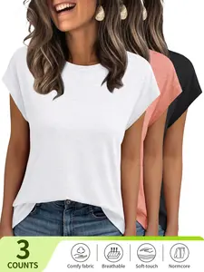 1/3pcs Women's Cap Sleeve Tops for Summer, Soft Stretchy Versatile Fabric Womenswear Shirts, Lady, Cute Fitted Short Sleeve, Office Casual Date Everyday Wear