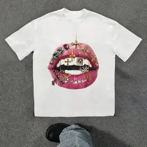 SHEIN Tween Girls' Casual Street Style Lip Print Round Neck Cropped Tee