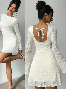 🤍 Romantic Cream Lace Long Sleeve Mini Dress, Elegant Look For Date Night, Wedding Guest And Vacation.