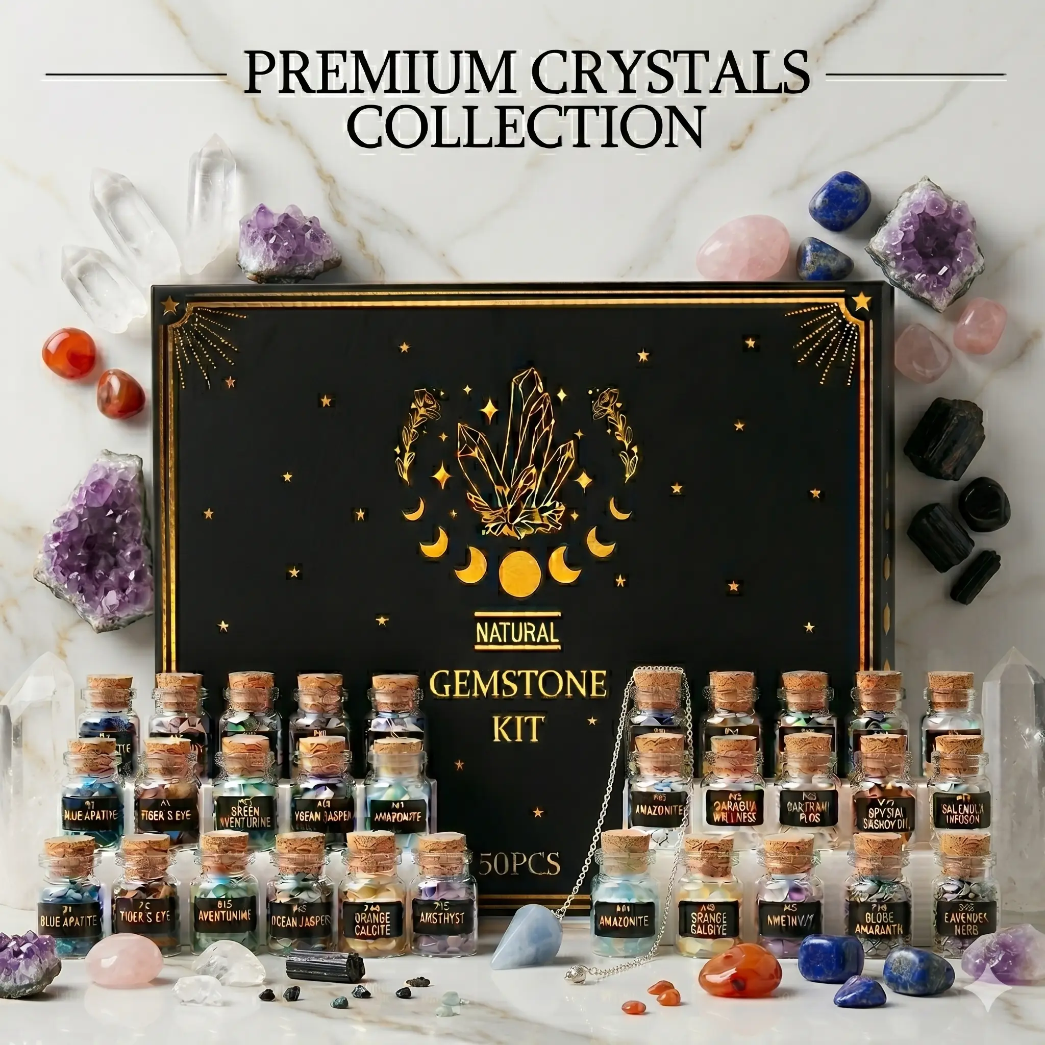 50pcs Crystal Starter Kit Box Bundle - Assorted Gemstones for Rituals, Home Decor Altar Supplies, Witchy Black Friday Party Gifts for Practitioners, Collectibles