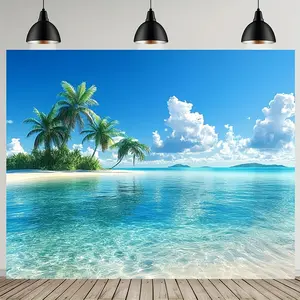 Tropical Beach Banner Backdrop with Palm Trees and Clear Water, Perfect for Indoor Outdoor Decor and Party Photo Props, Decorative Banner, Party Decorations Banners