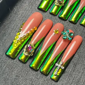10Pcs Handmade Press on Nails Kit Long Square Nude Japanese Style Modern Elegant Y2K Minimalist Korea Style Fresh Design Chic French Style Classical Cute Kawaii Creative Glossy Finish Shimmery Bling Rhinestone Obreme 1 Account Manicure Set Box Included
