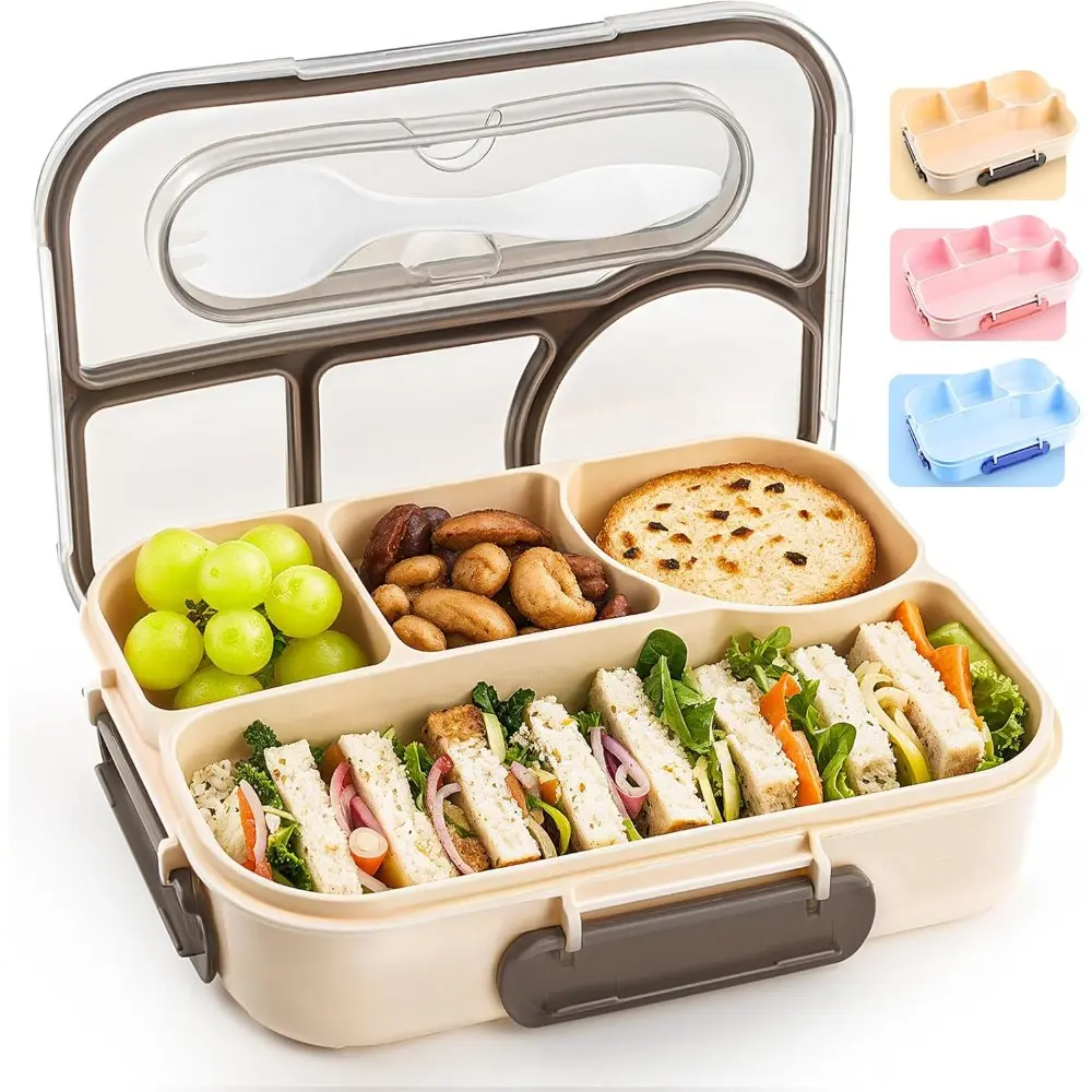 Large-Capacity 4-Compartment Portable Rectangular Reusable Bento Lunch Box Set with Silicone Lid, Tray - BPA-Free, Drop-Resistant, Dishwasher-Safe, 8.5x6x2 Inches, 1000ml Khaki Adult Kitchen Tableware for Daily Use