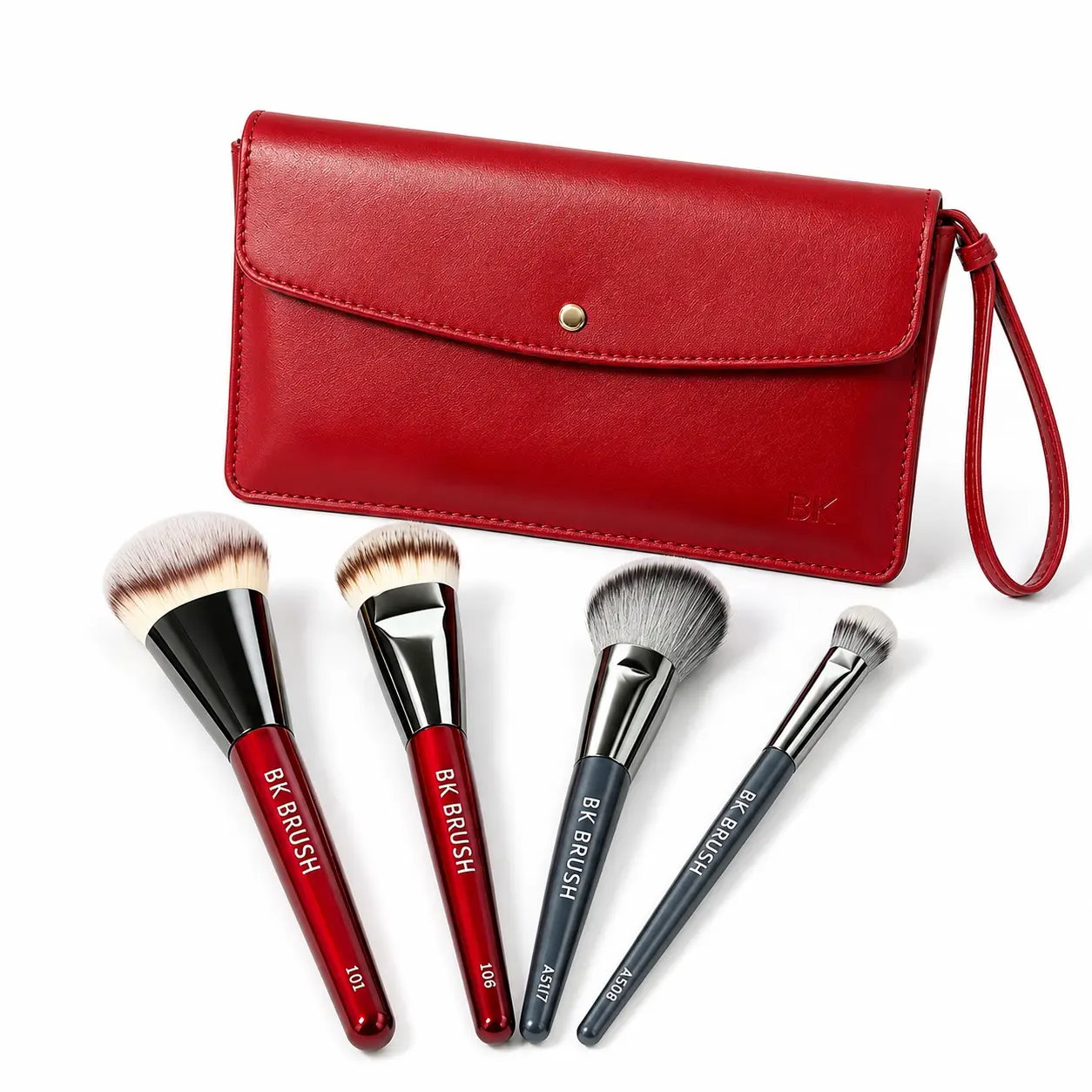 BK Brush 4-Piece Makeup Brush Set with Red Travel Case, Soft Dense Bristles for Foundation, Powder, Blush and Contour, Everyday Face Makeup Tools