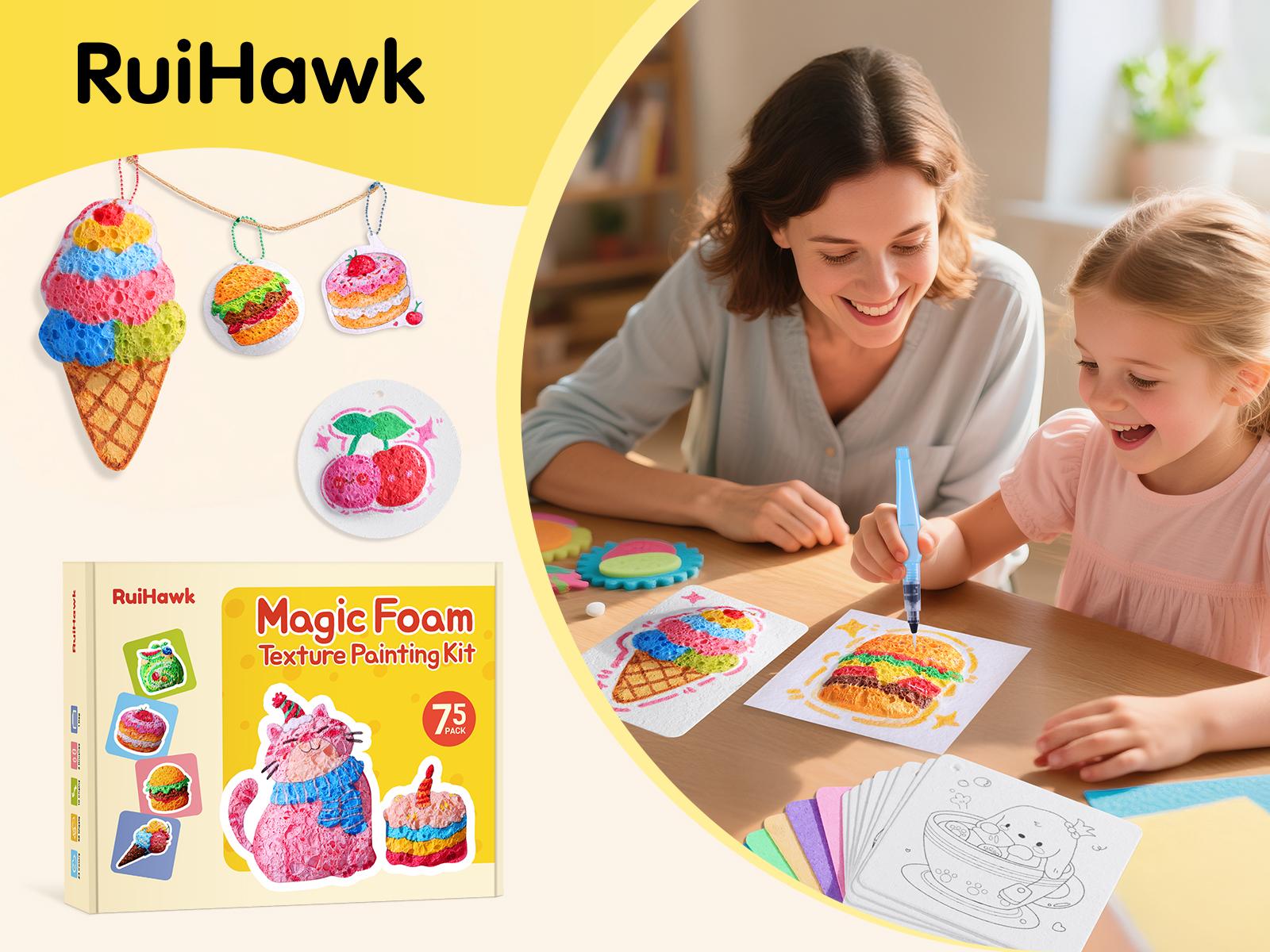 RuiHawk Art 75 Pcs Magic Foam Texture Painting Kit with 38 Rainbow Foam Sheets & 24 Non-Toxic Acrylic Paint Pens for Kids Ages 4-12 Creative Fun DIY Craft Supplies Portable & Durable