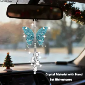 Sparkling Blue Rhinestone Butterfly Car Charm, Crystal Tassel Rearview Mirror Ornament, Perfect for Adding Whimsical, Shimmering Vibes to Your Daily Commute