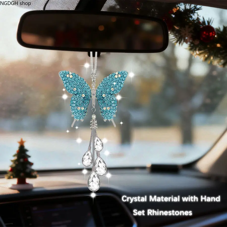 Sparkling Blue Rhinestone Butterfly Car Charm - Crystal Tassel Rearview Mirror Ornament for Adding Whimsical, Shimmering Vibes to Daily Commutes (Sports & Outdoor Accessory), Rhinestones, Car Decorations, Bling Car Accessories