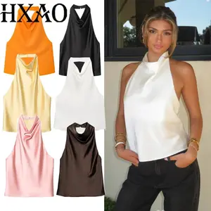 HXAO Summer Crop Tops Woman Sleeveless Halter Top Women Satin Pink White Black Top Backless Sexy Camisole Yellow Brown Top