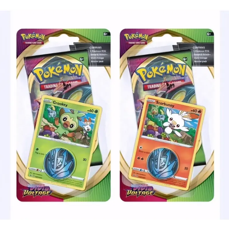 Pokemon Vivid Voltage Checklane Blister Pack w/Coin Grookey or Scorbunny 1 Booster Pack 1 Coin and Promotional Card