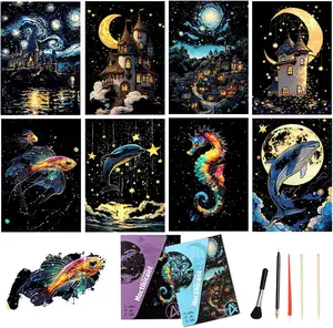 8 Sheets Adult Noctilucent Rainbow Scratch Paper Notebook Kit with Scratch Tools DIY Arts Crafts Gift Starry Night