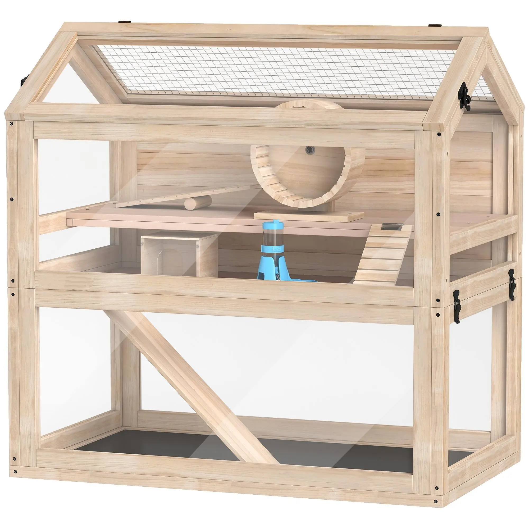3-Tier Wooden Hamster Cage for Small Animals - Includes Hut, Seesaw, Ramps, Exercise Wheel, Acrylic Panel, and Removable Bottom Tray