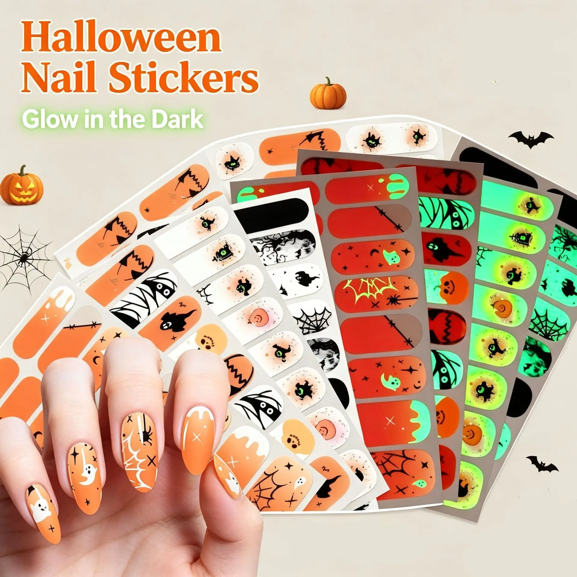 Halloween Gel Nail Strips Goth Pumpkin Ghost Bandage Glow in The Dark Nail Polish Strips Silver Glitter Spider Blood Nail Wraps Stickers Holiday Full Wrap Glossy Nail Art Stickers for Women