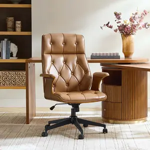 HULALA HOME Brigida Mid-Century Office Chair, Genuine Leather Desk Chair with Curved Wood Back, Adjustable Height, 360° Swivel Rolling Chair with Tilt Function for Home Office