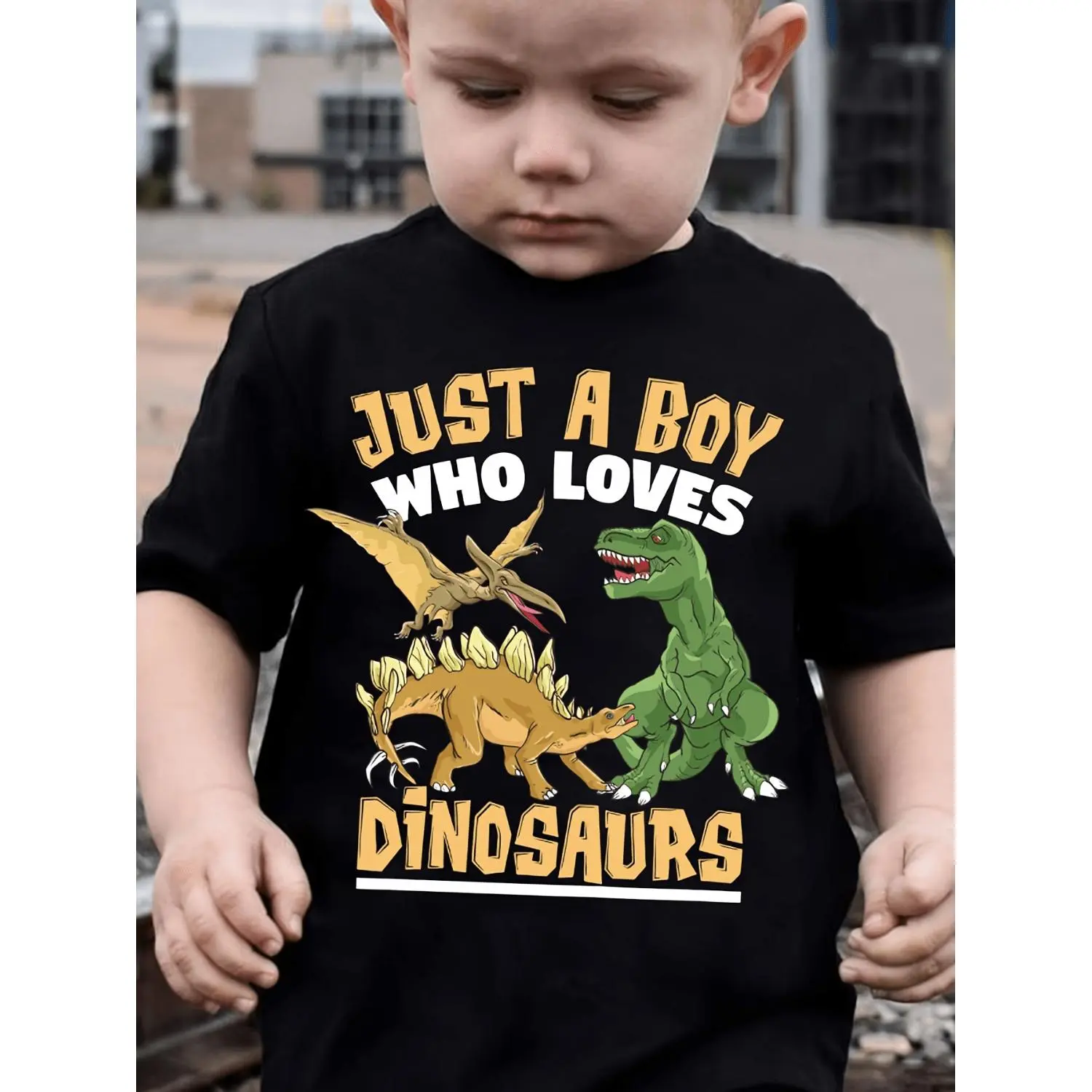 Boys' Summer Animal Graphic Tee - 'Just A Boy Who Loves Dinosaurs' Letter Graphic, Cute Basic Tee, Dinosaur Printed Tshirt, All Seasons Casual Wear, Graphic Printed Tshirt