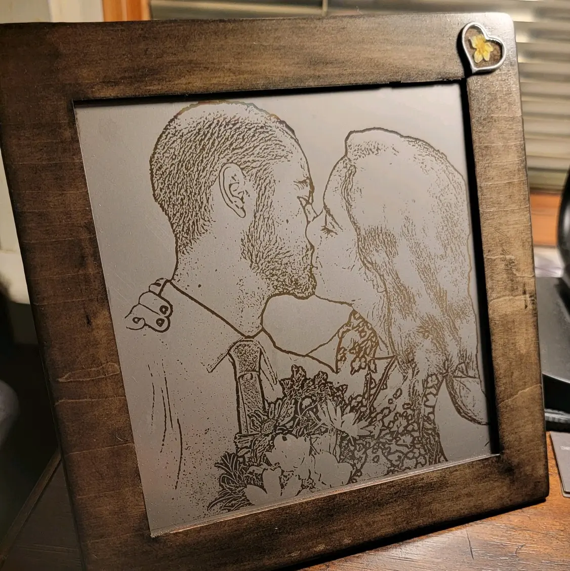Personalized stainless engraved photo in 10x10 frame. Hangable or Standing.