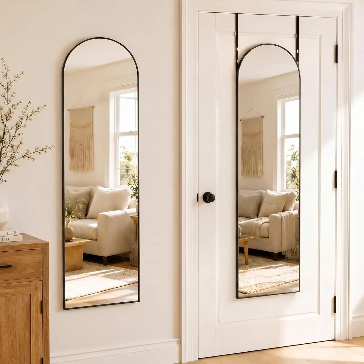 47"x 14" Over The Door Mirror, Arched Full Length Mirror with Floor Stand and Aluminum Frame, Adjustable Hooks, Wall Mounted or Standing for Bedroom, Living Room, Bathroom, Dorm