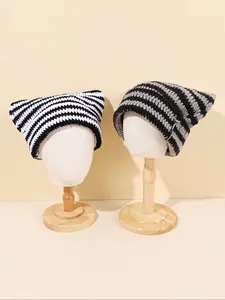 Y2K Little Devil Cat Ear Beanie, Handmade Crochet Knit Cap, Unisex Fitted Design, All-Seasons Wear, Casual & Hip-Hop Style