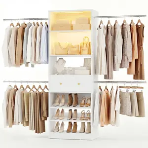 Wood Closet Organizer System with Sensing Light - 4FT-9FT Expandable Wardrobe Closet with Drawer & 4 Hanging Rods, Heavy Duty Walk-in Closet 1000Lbs for Bedroom Walk-in Closet