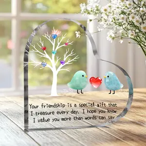 Sea Glass Friendship ThemeHeart Acrylic Ornaments with Colorful Gem Tree Bird Design, Friendship Memorial Decor, Perfect Gift for Friends, Home Decoration,Desktop Living Room Bedroom Decoration, Heart Plaque