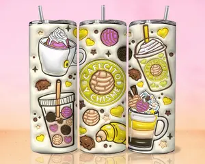 3D Cafecito y Chisme Inflated Tumbler, Featuring Delightful 3D Pan Dulce Designs, Excellent for Coffee Lovers, Unique Mexican Gifts, Soft and Puffy Coffee Tumbler with Conchas Mexicanas, Great for Everyday Use or as a Special Gift