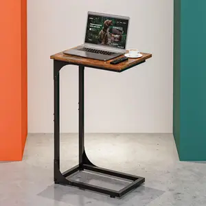C Shaped Side Table for Couch, Small Sofa Tray End Table with Metal Frame, Space-Saving Under Couch Table, Scratch Resistant Surface, Rustic Brown