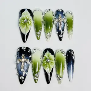 Nailbusy｜ Green Black Gradient 3D Flower Cross Almond Press On Nails Gothic Botanical Coquette Fake Nails