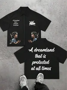 Summer Angel Print Zipper Short Sleeve Shirt, Loose Fit Street Style Kint Fabric, All Seasons Fashion Top for Kids, Casual Graphic Shirt