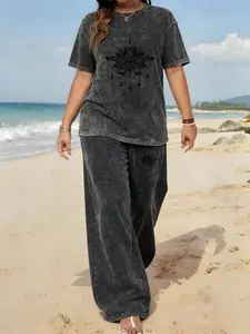 Spring and Summer Sports Plus Size Two-piece Set with colorful print, Tie-dye Washed Vintage Short Sleeve T-shirt and Wide-leg Pants, Plus Size Women's Jogging Outfit