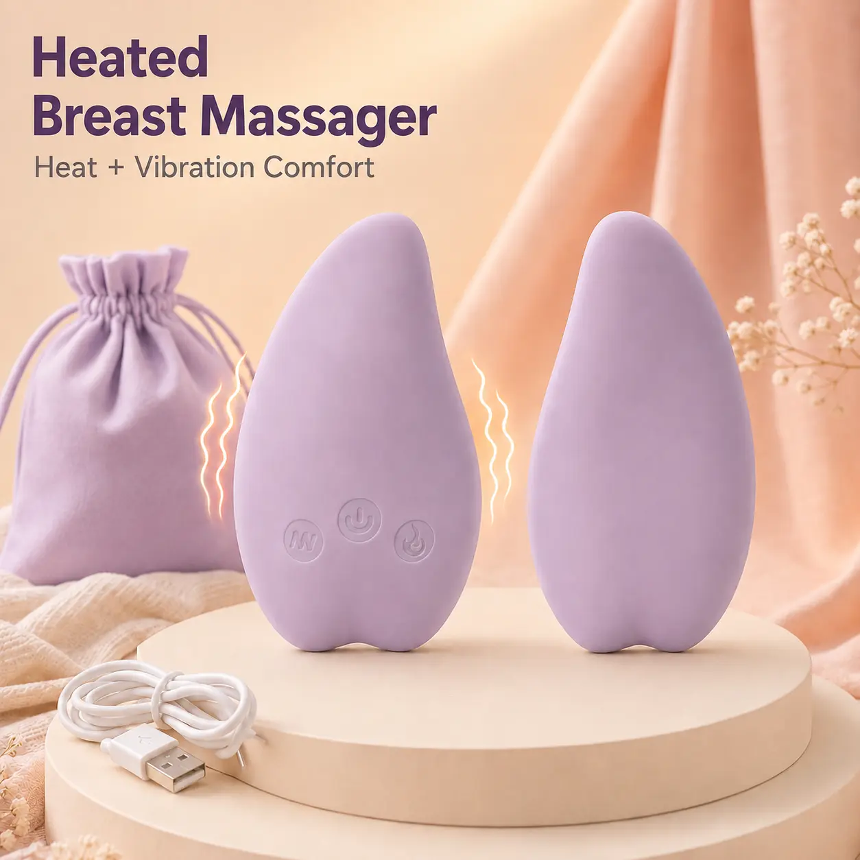 Heated Breast Massager—A 2-in-1 rechargeable device featuring adjustable heat and vibration settings. It helps relieve tension and stress while massaging the breasts and other areas of the body. Suitable for breast, body, and lactation massage care.
