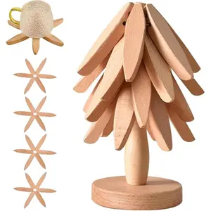 4Pcs Natural Wood Tree Trivet Set Stackable Heat Resistant Coaster with Storage Stand