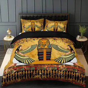 Egyptian Pharaoh Print Bedding Set, Soft Comfortable Fabric, Zipper Design, 3 Piece (1 Fitted Sheet + 2 Pillowcases)