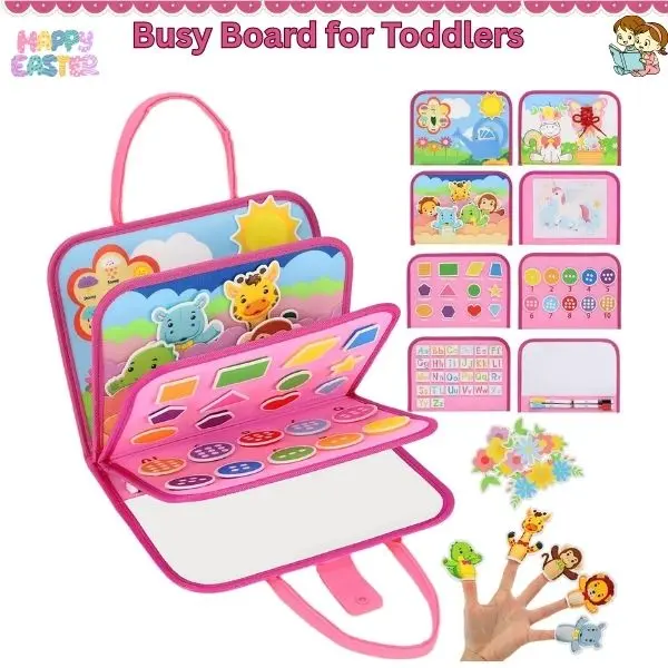 8-in-1 Montessori Toddler Busy Board, Unisex Toddler Sensory Toy for Fine Motor Skills, Travel Activity Board for Airplane & Car, Classroom Essential, Easter & Valentine’s Gift, Pink, Unisex Toddler Toy